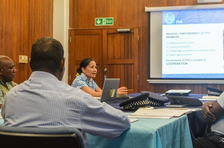FFA Director-General, Dr Manumatavai Tupou-Roosen, briefing the visiting executive officials from the Royal Solomon Islands Police Force (RSIPF) during their visit to the FFA headquarters in Honiara on Tuesday, 8 September 2020. Photo: FFA Media.