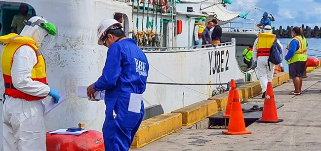 Among people on wharf and ship moored alongside in Apia, Samoa, are two wearing personal protective equipment to minimise the passing on of COVID-19.