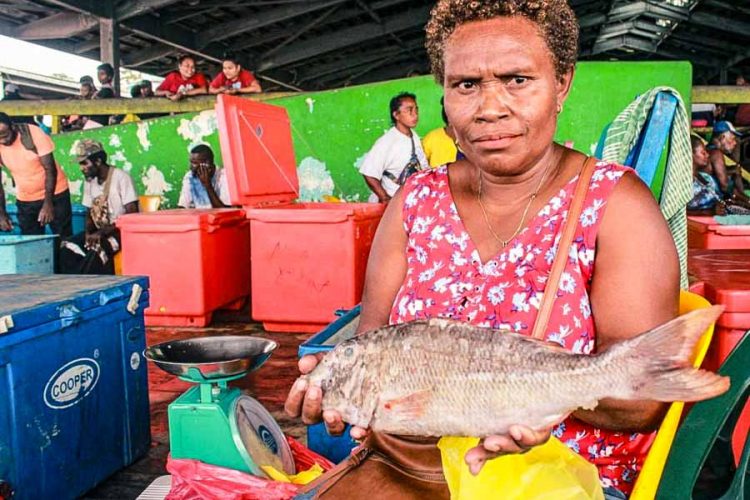 Emily Kawa often sells fish at the Vaivila Fishing Village Market and Honiara Central Markets, Solomon Islands. She sits at a stall with a fish in her hands. Next to her is a set of scales and a chiller box. Photo: George Maelagi.