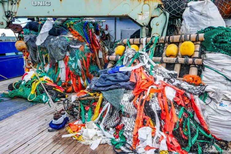 Two large fish-aggregating devices that contain used plastic salt bags on the deck of a purse-seine vessel. Photo: Francisco Blaha.