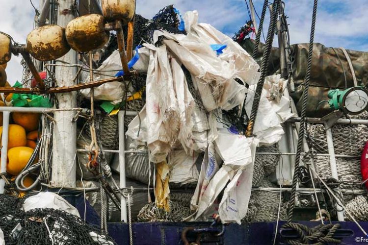 On a purse-seine tuna fishing vessel, buoys, netting, and used plastic salt bags. Photo: Francisco Blaha.