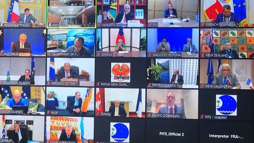 Screenshot of Zoom meeting with multiple heads of state showing in a grid