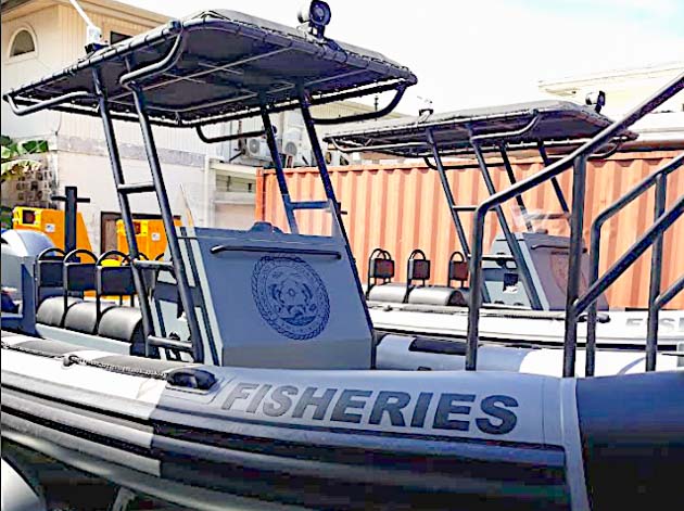 Two inflatable rigid boats designed specifically for officers to board tuna fishing vessels to ensure compliance with fishing rules in the Western and Central Pacific Ocean. Photo Beau Bigler.